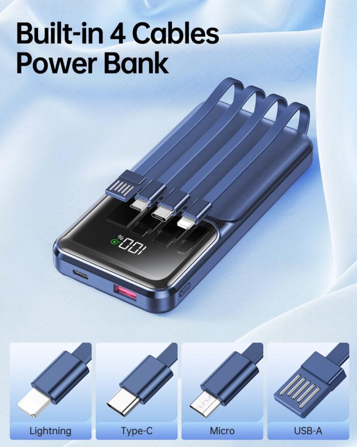 Portable Charger with Built in Cable - 20000mAh Fast Charging Slim 22.5W Power Bank USB C LED Display Battery Pack 5 Outputs & 3 Inputs for Travel Essentials iPhone Samsung Android Phones Tablets etc - Image 2