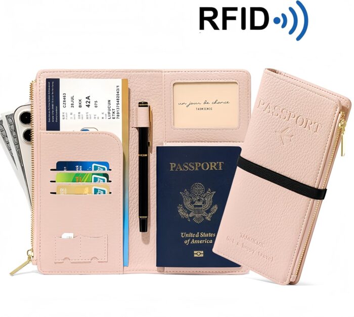 NQQNQQ RFID-Blocking Leather Travel Wallet & Passport Holder with Zipper Pocket, Card Slots, and Phone Compartment – Waterproof Travel Organizer for Women & Men. TG-1 (Pink) - Image 5