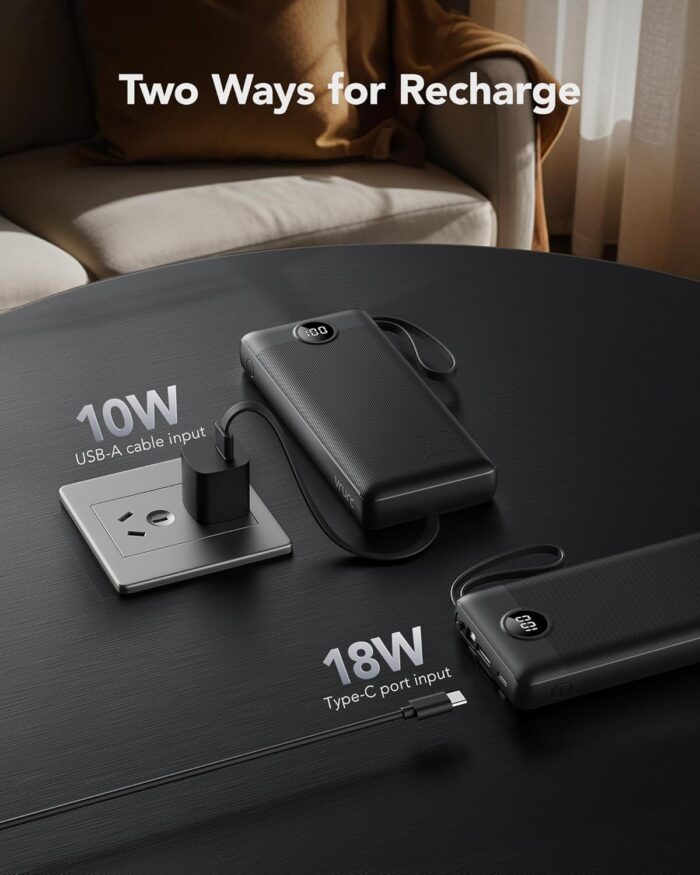 20000mAh Power Bank with Built-in Cables, Portable Charger 22.5W Fast Charging, VRURC Powerbank External Battery Pack 4 Output 2 Input PD & QC LED Display Compatible with iPhone Samsung Tablet,Black - Image 6