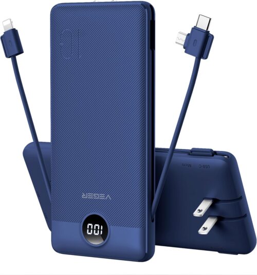 VEGER Portable Charger, 10000mAh Power Bank with Built-in Cables & Wall Plug, USB C Phone Chargers 5 Outputs 2 Inputs, Compact External Battery Pack Compatible with iPhone, Samsung, Google, iPad(Navy)