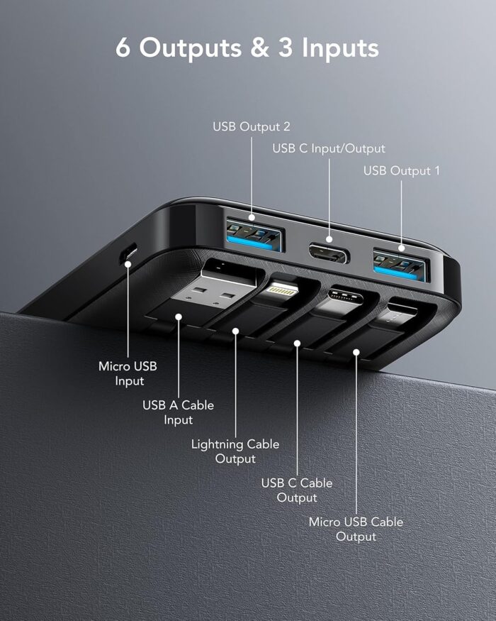Charmast Power Bank with Built in Cables, 10000mAh USB C Battery Pack 6 Outputs 2 Inputs with LED Display Type C Powerbank Portable Charger Compatible with Smartphones Tablets and More (Black) - Image 4