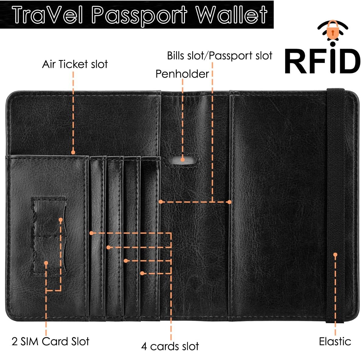 Passport Wallet Holder Cover - KINGMAS CA RFID Blocking Travel Passport Leather Case with Elastic band - Image 3