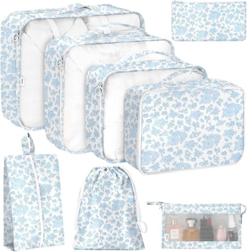 8 Set Packing Cubes for Travel, Luggage Packing Organizers Accessories Large Toiletries Bag for Clothes Shoes Cosmetics (Blue Flower)