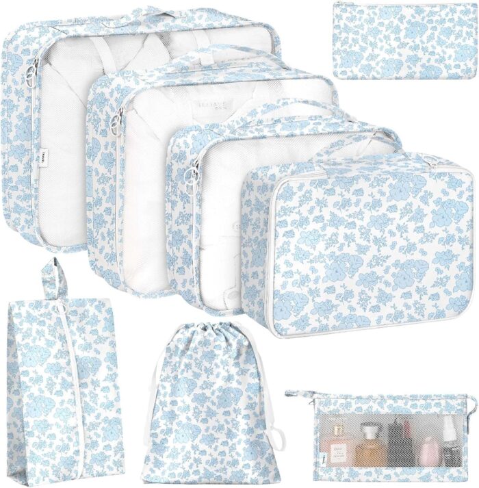 8 Set Packing Cubes for Travel, Luggage Packing Organizers Accessories Large Toiletries Bag for Clothes Shoes Cosmetics (Blue Flower)