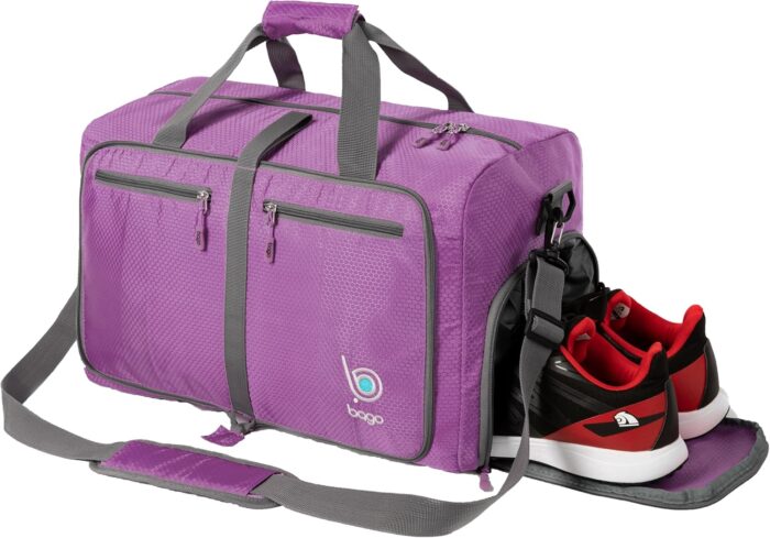 Bago Large Foldable Duffel Bags for Traveling Women & Men - 80L Packable Duffle Bag for Travel with Shoe Compartment - Water Repellant, Heavy Duty, Lightweight Folding & Collapsible (Purple) - Image 5