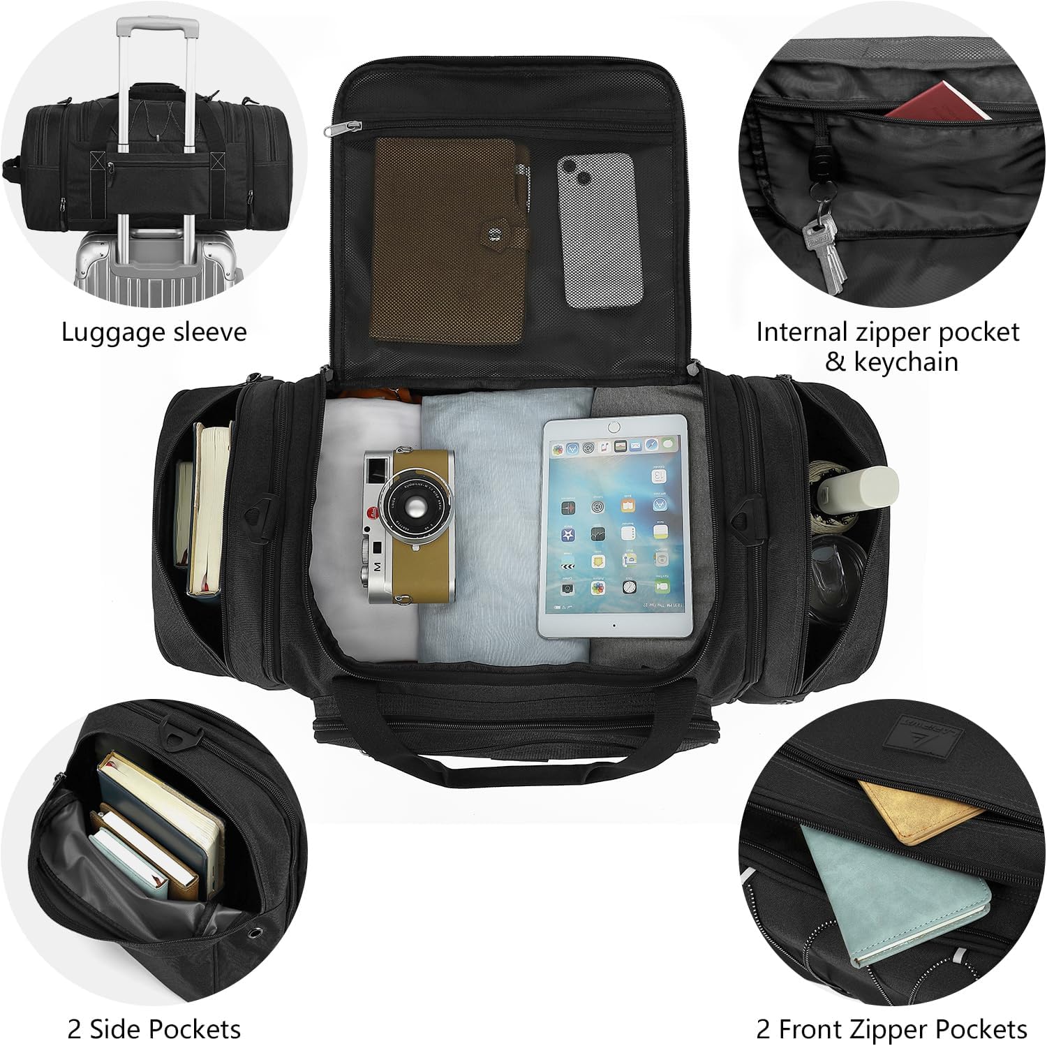 Laripwit Travel Duffle Bag Men with Elastic Mesh Expandable 45-50L Medium Sports Gym Duffel Bag Women with shoulder Strap Multifunctional for Fitness Weekender Overnight Traveling Business Trips Black - Image 4