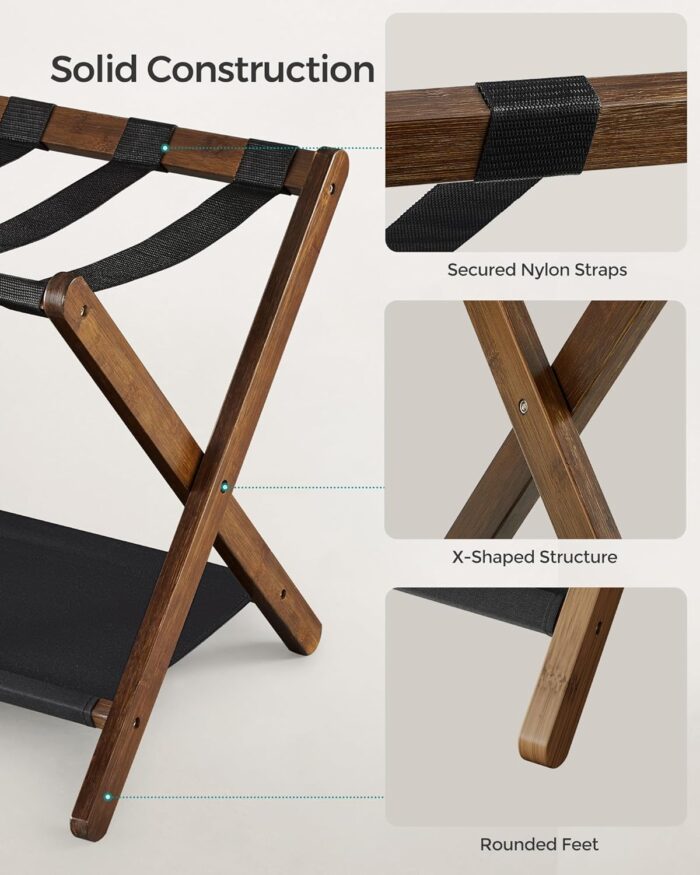 SONGMICS Luggage Rack, Bamboo Luggage Rack for Guest Room, Folding Suitcase Stand, for Hotel, Bedroom, Heavy-Duty, Holds up to 131 lb, Walnut Brown URLR007D01 - Image 3