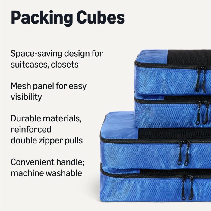 Amazon Essentials 4-Piece Packing Cubes Travel Accessories Set, Luggage Organizer with Double Zipper, Mesh Top, 100% Polyester, 2 Medium/2 Large, Blue (Previously Amazon Basics) - Image 2