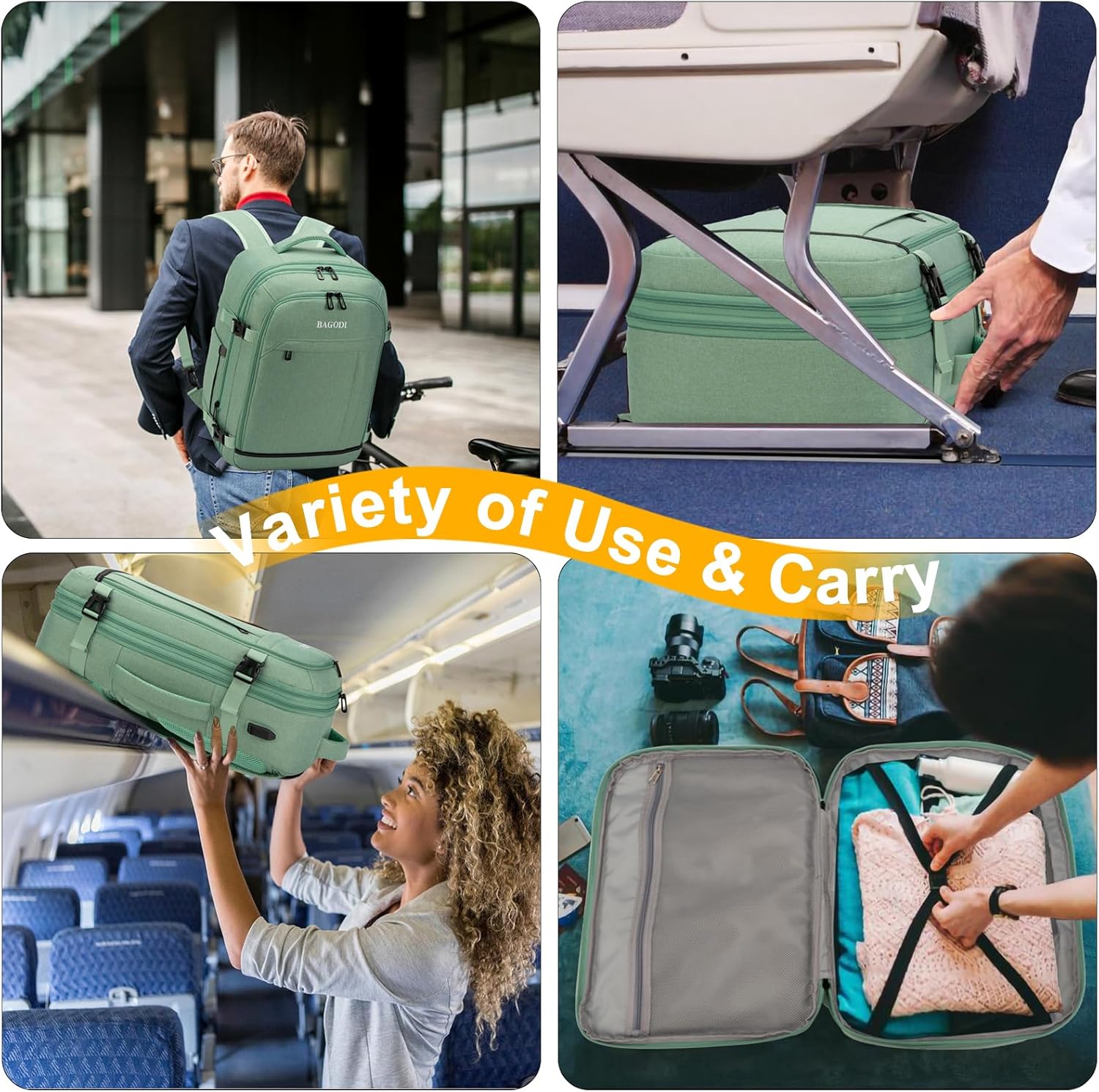 BAGODI Carry On Backpack for Men Women,42L Flight Approved Travel Backpack with 4 Packing Cubes,17Inch Laptop Backpack (A-Green (40L)) - Image 7
