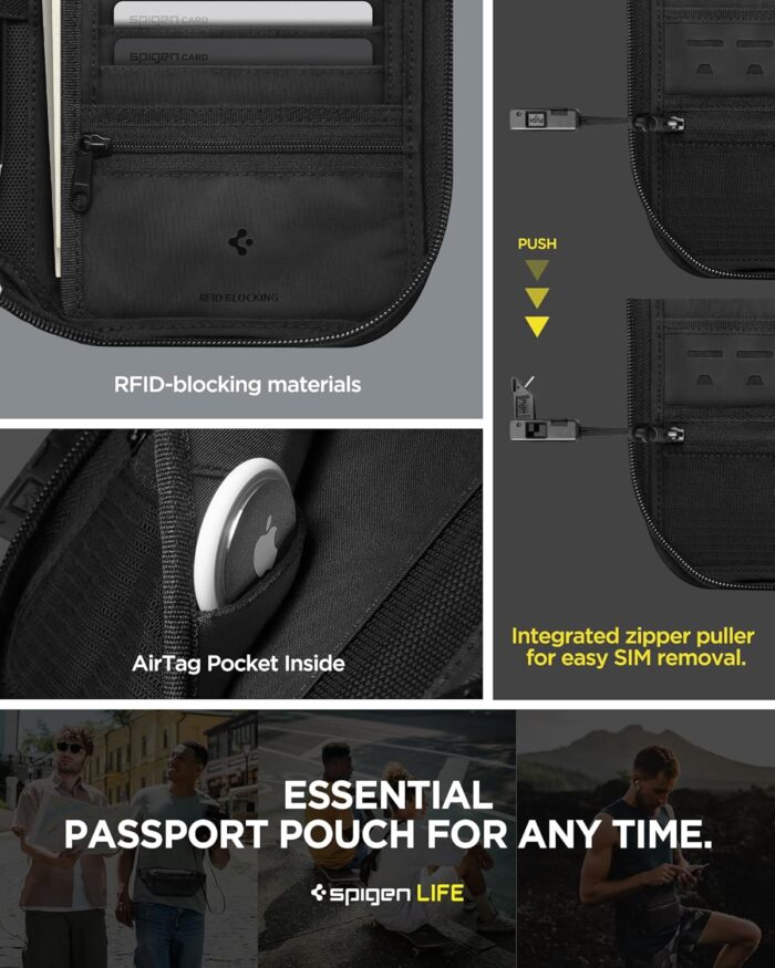 Spigen Life Passport Holder for Family, Passport Wallet Travel Documents Organizer Passport Holder with RFID Blocking, SIM Card Holder and Eject Pin, Wrist Strap, up to 4 Passports- Black - Image 7