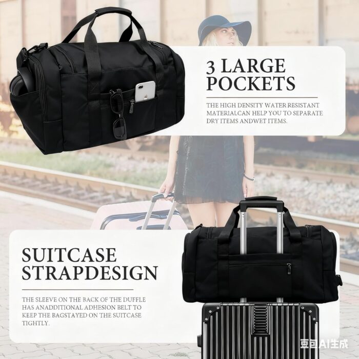 Travel Duffle Bag - Lightweight, Water-Resistant, Spacious Carry-On Duffel for Men & Women - Perfect for Gym, Weekend Trips, and Outdoor Adventures - Fits Clothes, Shoes, and Essentials (Black) - Image 3