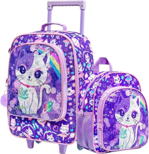 Kids Luggage for Girls and Boys, Dinosuar Unicorn Suitcase Rolling with Wheels，Travel Carry on for Children Toddler Elementary, Cat Purple 2PCS, One Size, Girls Luggage 2pcs