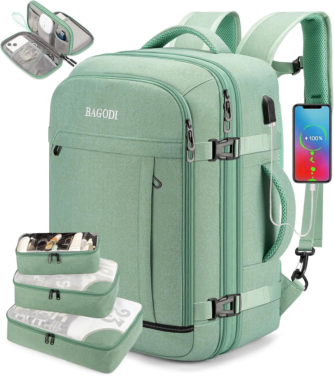 BAGODI Carry On Backpack for Men Women,42L Flight Approved Travel Backpack with 4 Packing Cubes,17Inch Laptop Backpack (A-Green (40L))