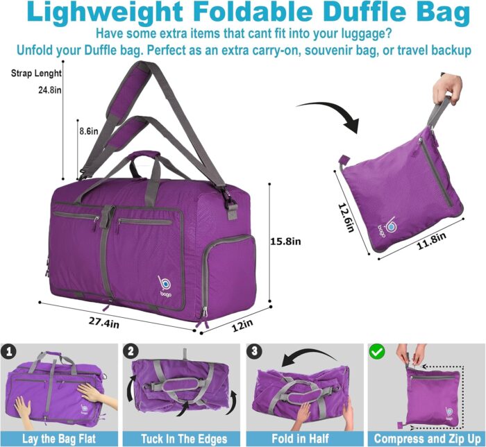 Bago Large Foldable Duffel Bags for Traveling Women & Men - 80L Packable Duffle Bag for Travel with Shoe Compartment - Water Repellant, Heavy Duty, Lightweight Folding & Collapsible (Purple) - Image 4