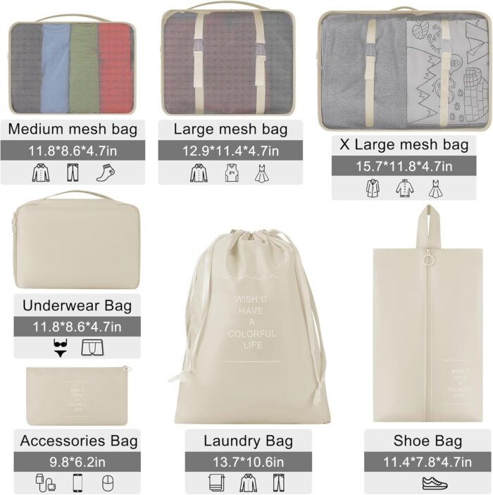 7 Set Packing Cubes Travel Organizer Set Fordable Compression Suitcase Packing Cubes Waterproof Luggage Organizer with Shoe Bag & Laundry Bag,Beiges - Image 2