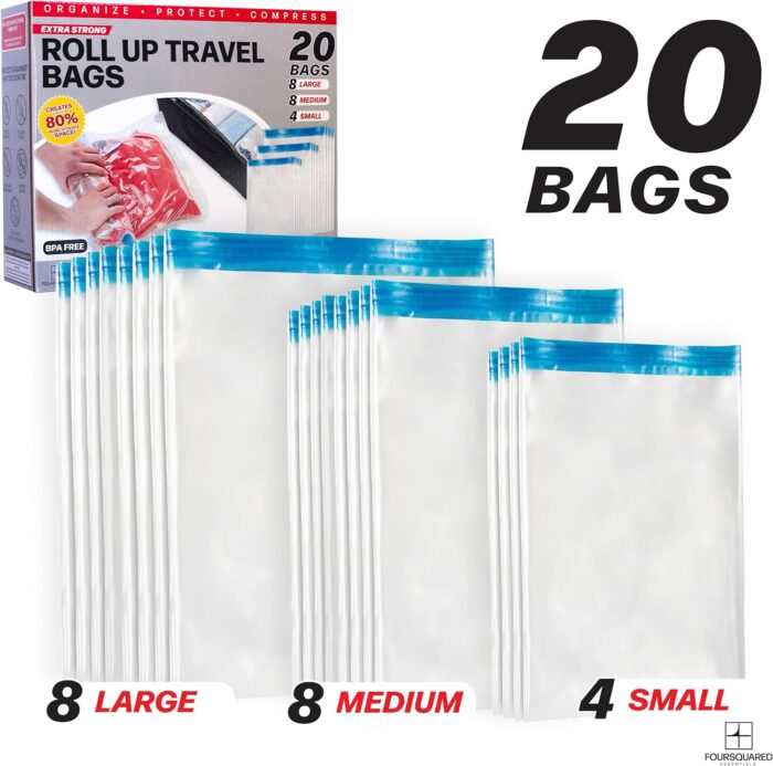 20-Pack Travel Compression Bags by Foursquared | Roll-Up Space Saver Vacuum Bags for Clothes, Luggage, and Storage - No Vacuum or Pump Needed (8 Large, 8 Medium, 4 Small) - Image 3