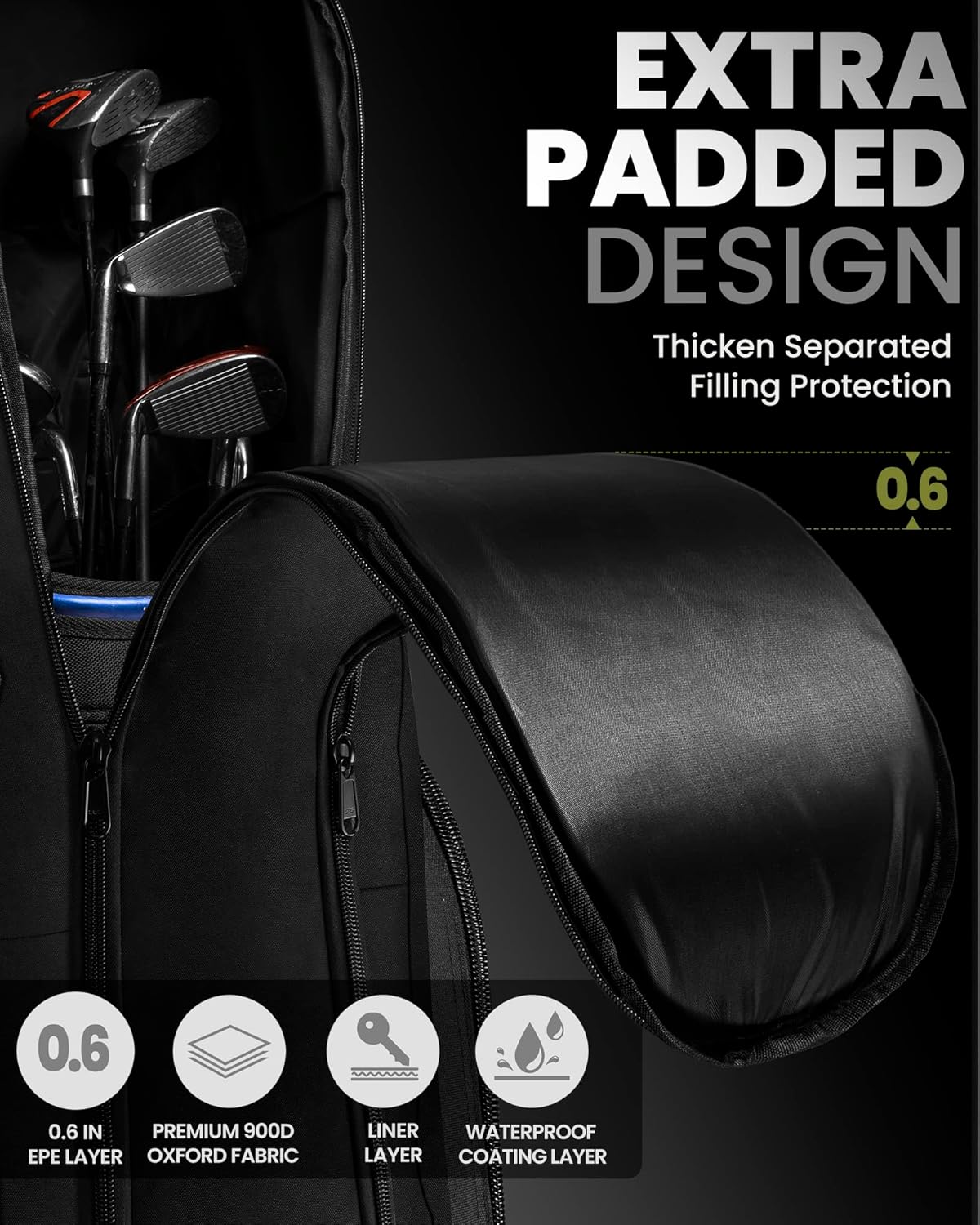 OutdoorMaster Padded Golf Club Travel Bag with Wheels, 900D Heavy Duty Oxford Golf Travel Case, Soft-Sided Golf Club Bag, Shoes and Accessories Compartment - Image 2