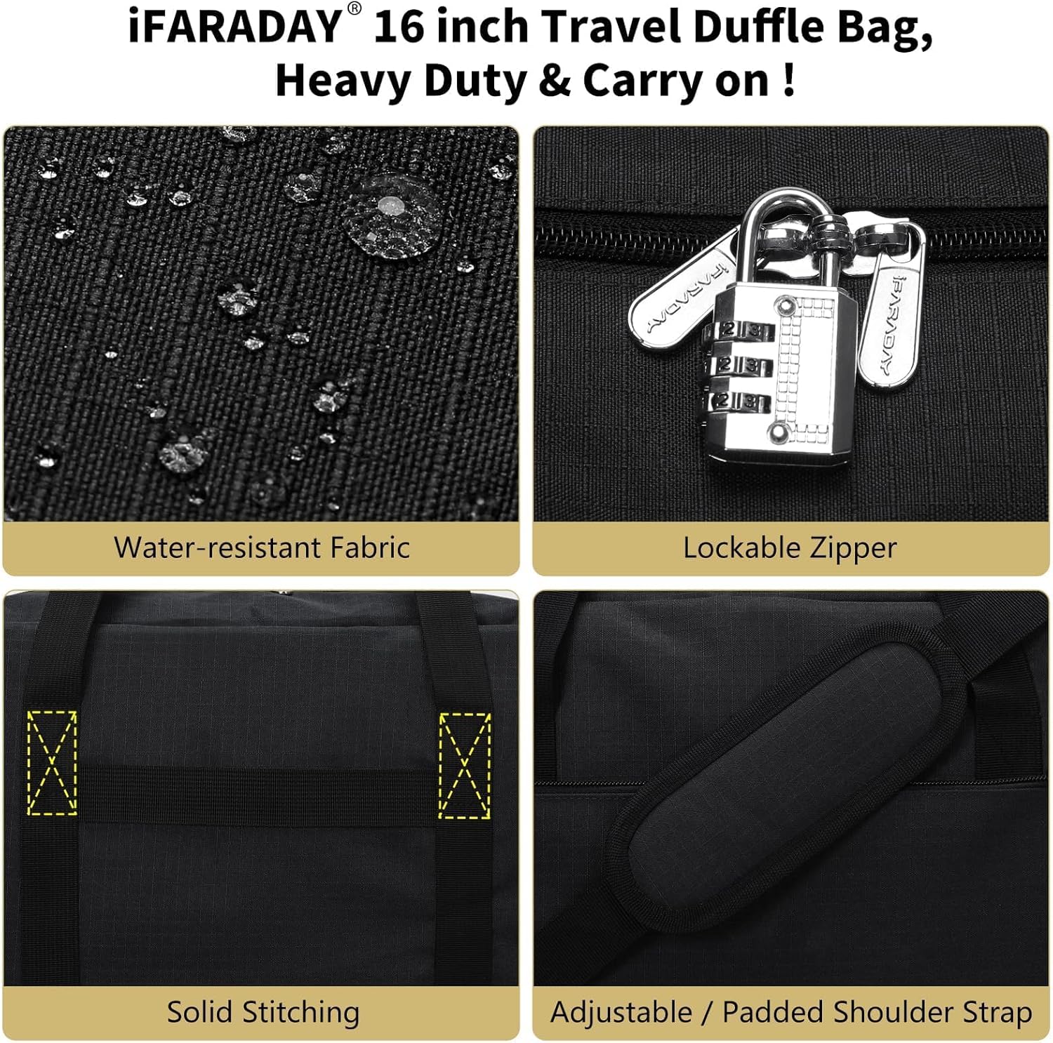 iFARADAY Carry on Duffle Bag for Travel - 16x7x12.5 Airline Approved Personal Item Travel Bag with Shoulder Strap for Men and Women (Black) - Image 3