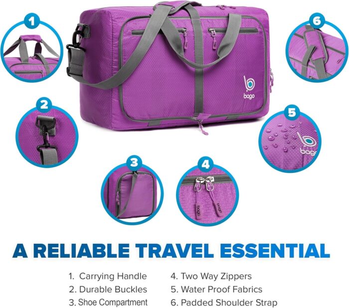 Bago Large Foldable Duffel Bags for Traveling Women & Men - 80L Packable Duffle Bag for Travel with Shoe Compartment - Water Repellant, Heavy Duty, Lightweight Folding & Collapsible (Purple) - Image 11