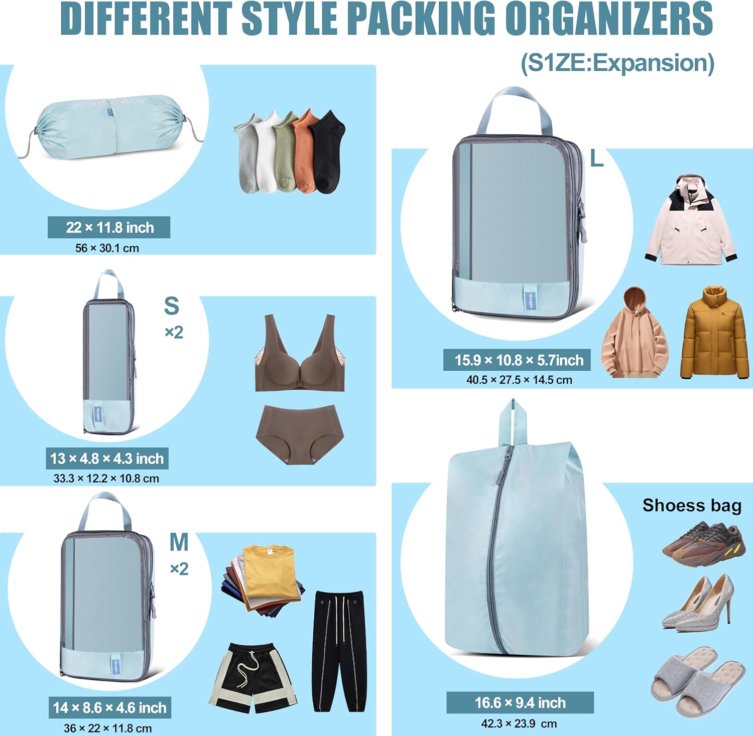 Shaggie 7-Piece Compression Packing Cubes Set – Space-Saving Travel Organizer Bags for Carry-On Suitcase & Luggage, Packing Cubes for Travel Essentials – Lake Blue - Image 2