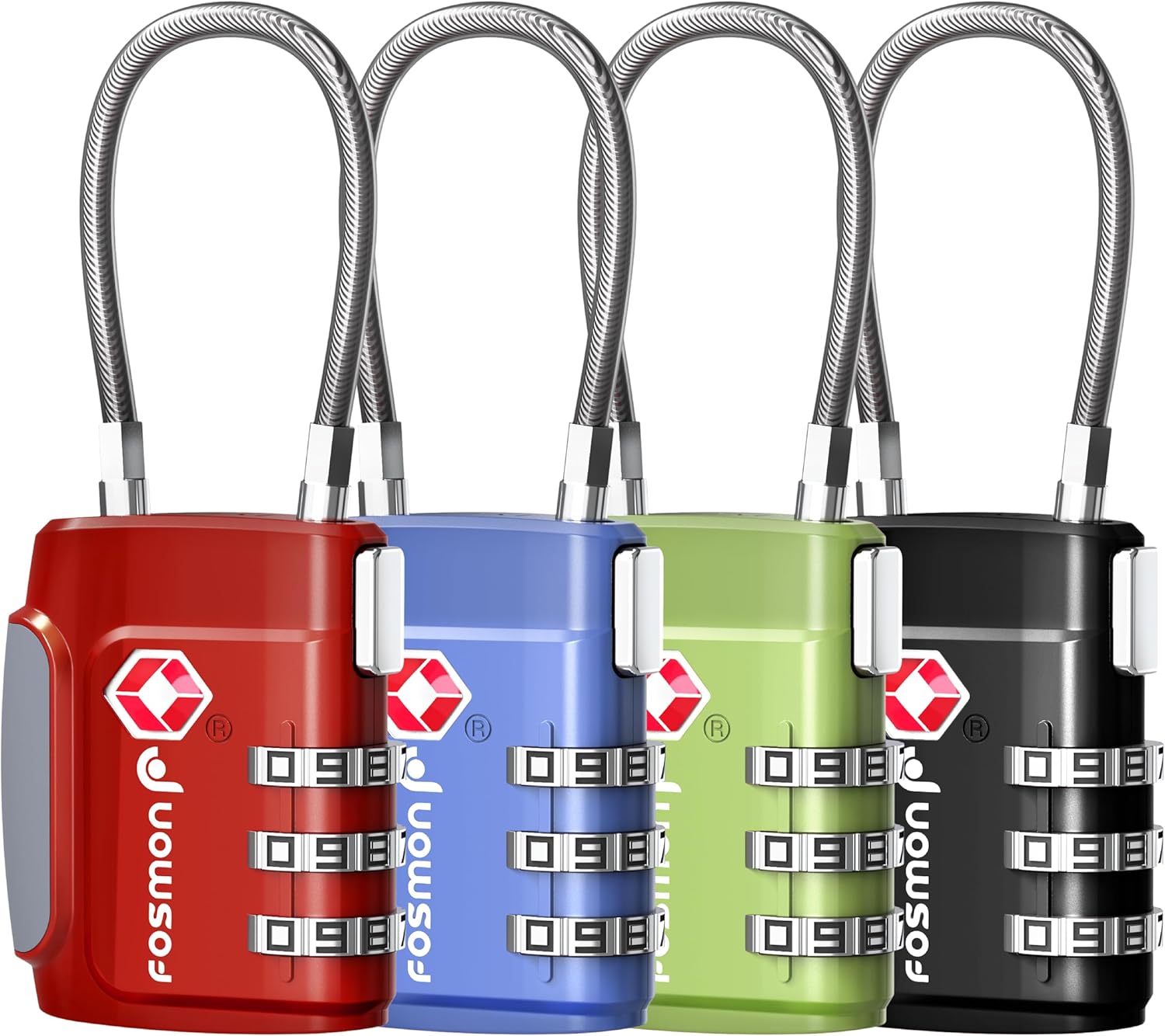 Fosmon TSA Accepted Cable Luggage Locks, 3 Digit Combination with Open Alert Indicator, Alloy Body and Release Button for Travel Bag, Suit Case & Luggage (4 Pack) - Black, Green, Red and Blue