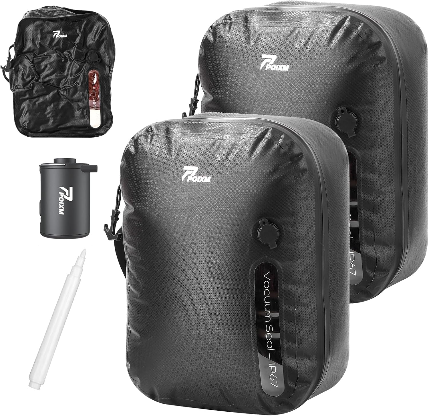 POIXM Vacuum Bags for Travel with Wireless Pump, 180° Open Zipper, IP67 Waterproof, Reusable Space Saver Compression Bags for Backpack, Suitcase, Home Storage(2 Pack + Pump)