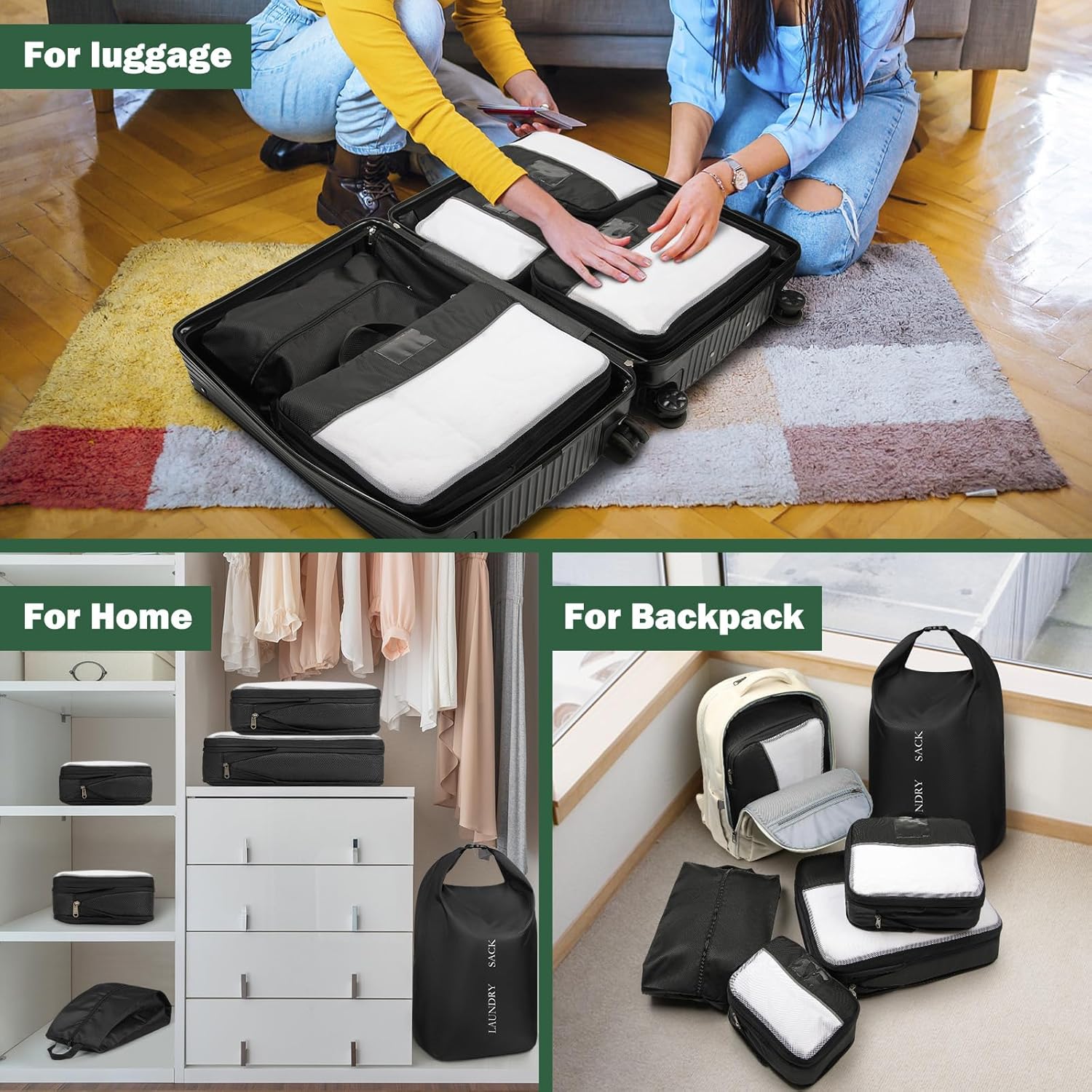 SDYSM Compression Packing Cubes 6 Set Waterproof Travel Luggage Organizer Large Travel Cubes for Packing Clothes Compressible Packing Cube Suitcase Organizer Bags with Shoe Bag, Laundry Bag Black - Image 5