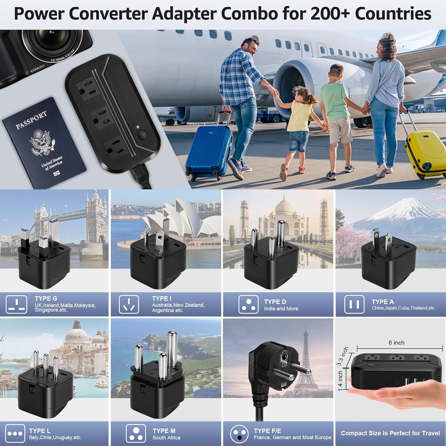 Power Converter 2300W International Step Down Voltage 220V/240V to 110V/120V w/ 4 USB 3 AC Outlets 7 Travel Plug Adapter EU/US/AU/IT/UK/IN/S. Africa for Phone Tablet Camera Laptop and More Electronics - Image 6