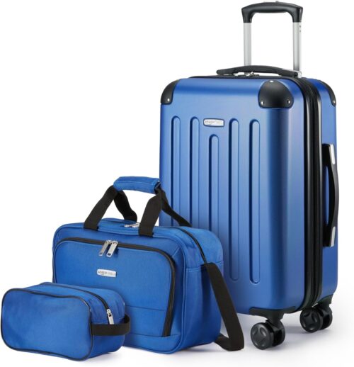 Amazon Basics 3-Piece Luggage Set, Including One Carry On Luggage (56 cm Expandable Hardside Suitcase With 8 Spinner Wheels), a 38 cm Tote Bag and a 25 cm Compact Travel Bag, Navy Blue