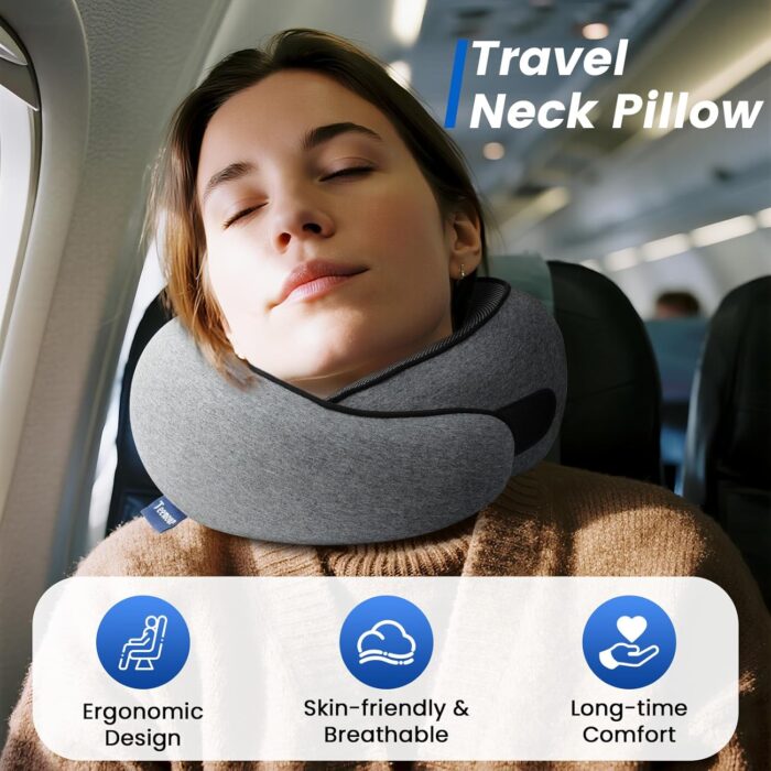 Travel Neck Pillow for Airplanes, Memory Foam Travel Pillow with Adjustable Velcro, Complete Set Includes 3D Eye Mask, Ear Plugs & Luxury Bag - Portable Gift for Travel Essentials Large（Grey） - Image 3