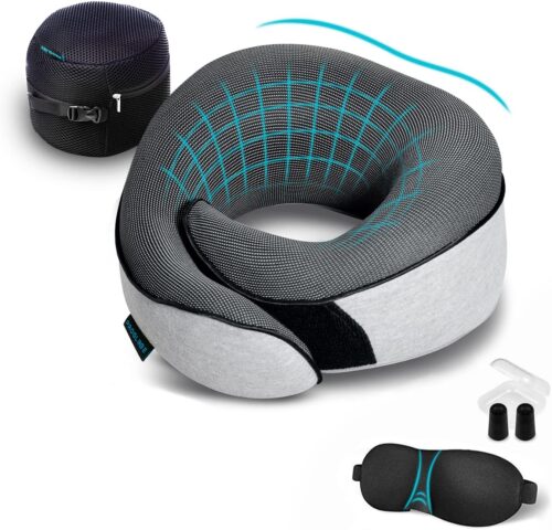 Proglobe Orthopedic Neck Pillow Travel Neck Pillows for Airplanes, Memory Foam Kit, Updated Resting Material, Airplane Travel Set with 3D Contoured Eye Masks, Earplugs, and Luxury Mesh Bag (Grey)
