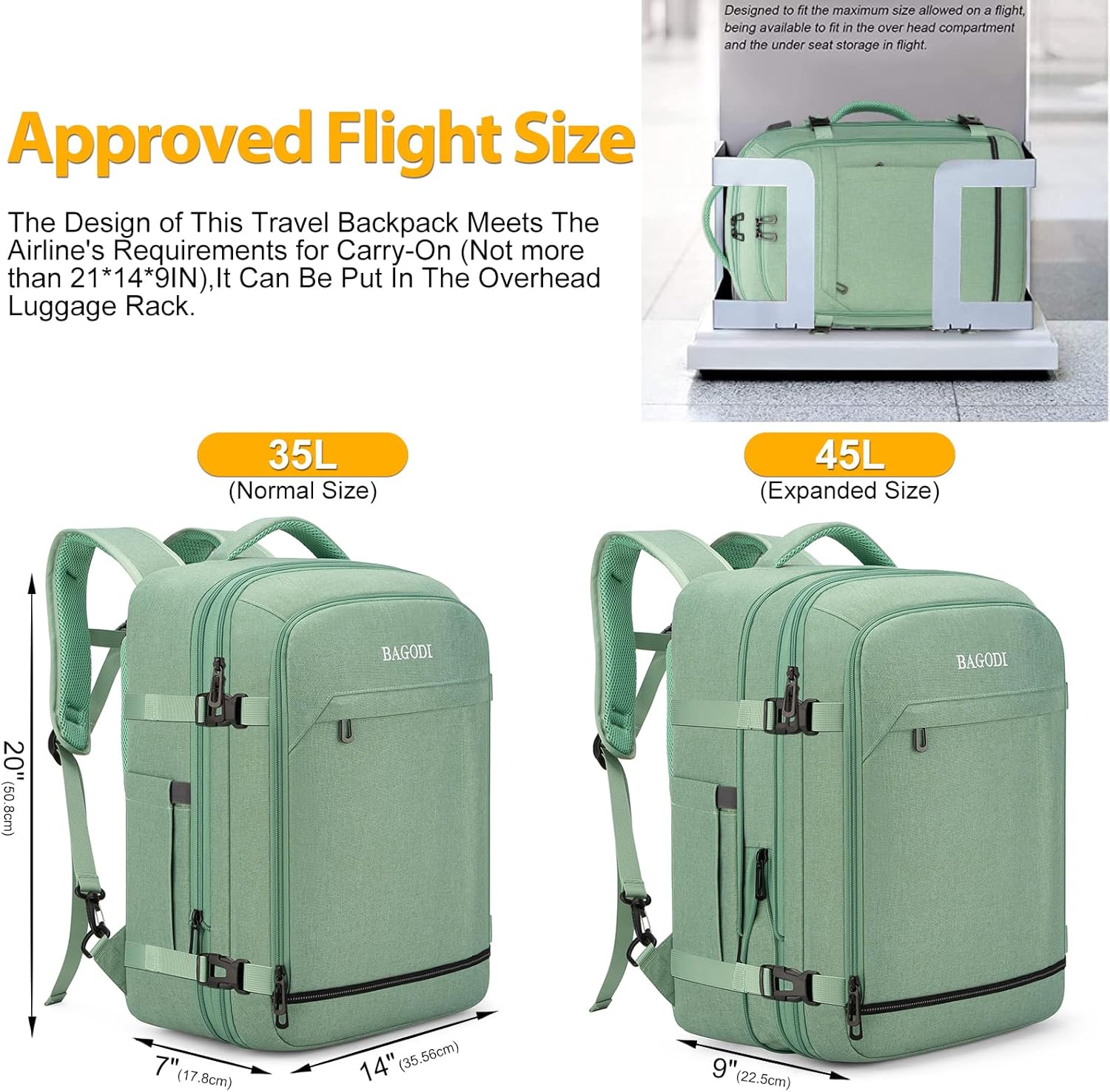BAGODI Carry On Backpack for Men Women,42L Flight Approved Travel Backpack with 4 Packing Cubes,17Inch Laptop Backpack (A-Green (40L)) - Image 3