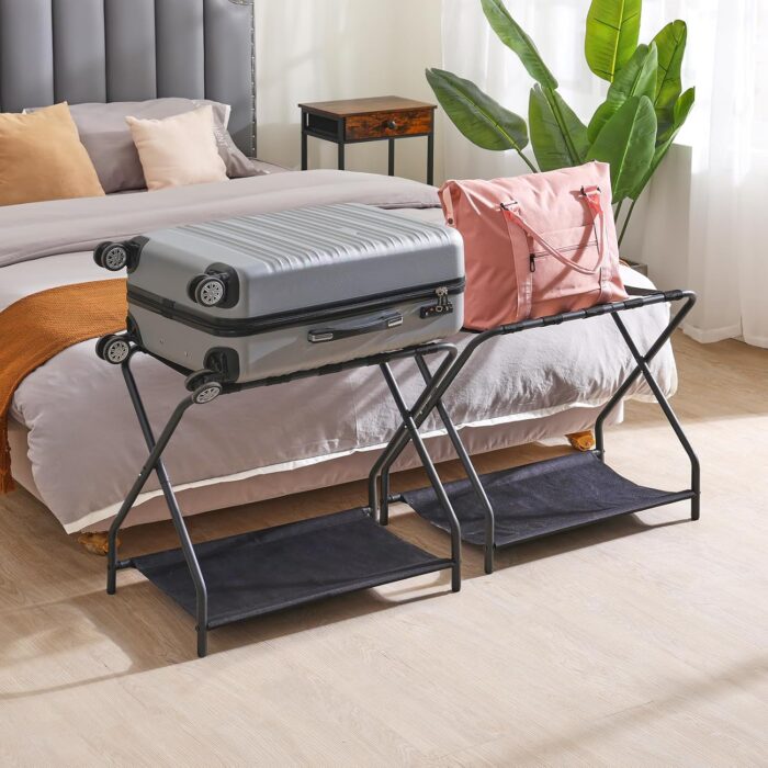 AMHANCIBLE Luggage Rack, Set of 2, Foldable Suitcase Stands for Guest Room, Metal Luggage Holder with Storage Shelf for Bedroom, Hotel, Easy Assemble, Black HLR02BK - Image 2