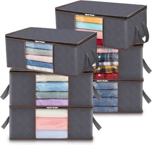 Lifewit Clothes Storage Bag Foldable Organizer Bin with Reinforced Handle Sturdy Breathable Fabric Clear Window for Sweaters, Coats, T-Shirts, Blankets, 6 Pack, Grey