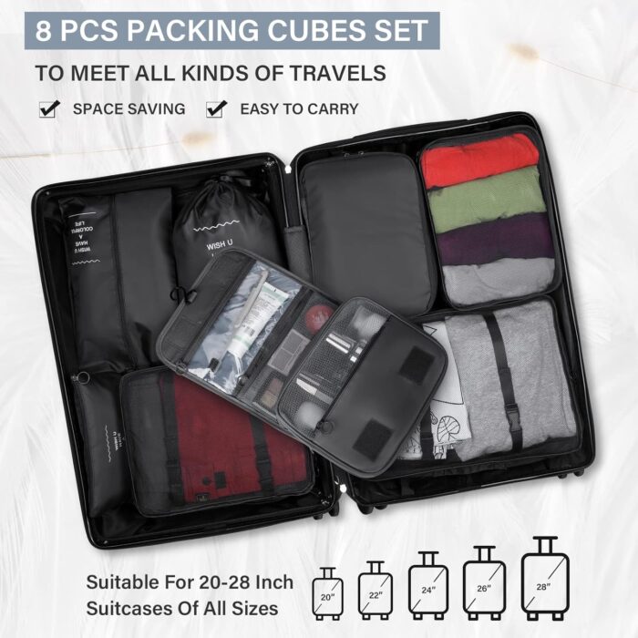 8 Set Packing Cubes Travel Organizer Waterproof Travel Cubes Set Foldable Compression Packing Cubes for Carry on Luggage Suitcase Organizer Bags with Hanging Toiletry Bag, Shoe Bag & Laundry Bag, Black - Image 5