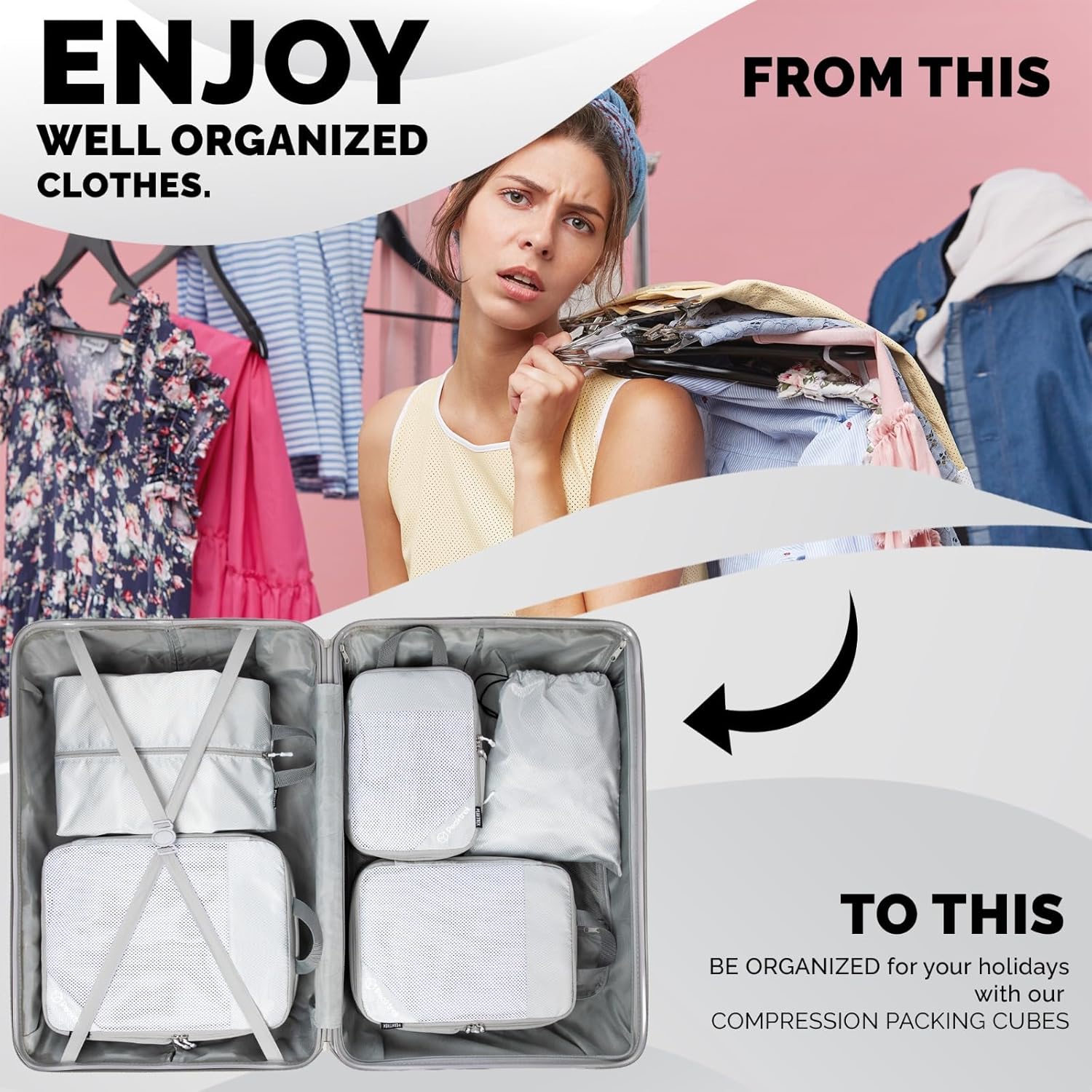 Compression Packing Cubes, 5 Set Travel Packing Cubes for Carry on Luggage Suitcases, Packing Cubes Compressible Suitcase Organizers Bag Set with Laundary Bag (Grey) - Image 5