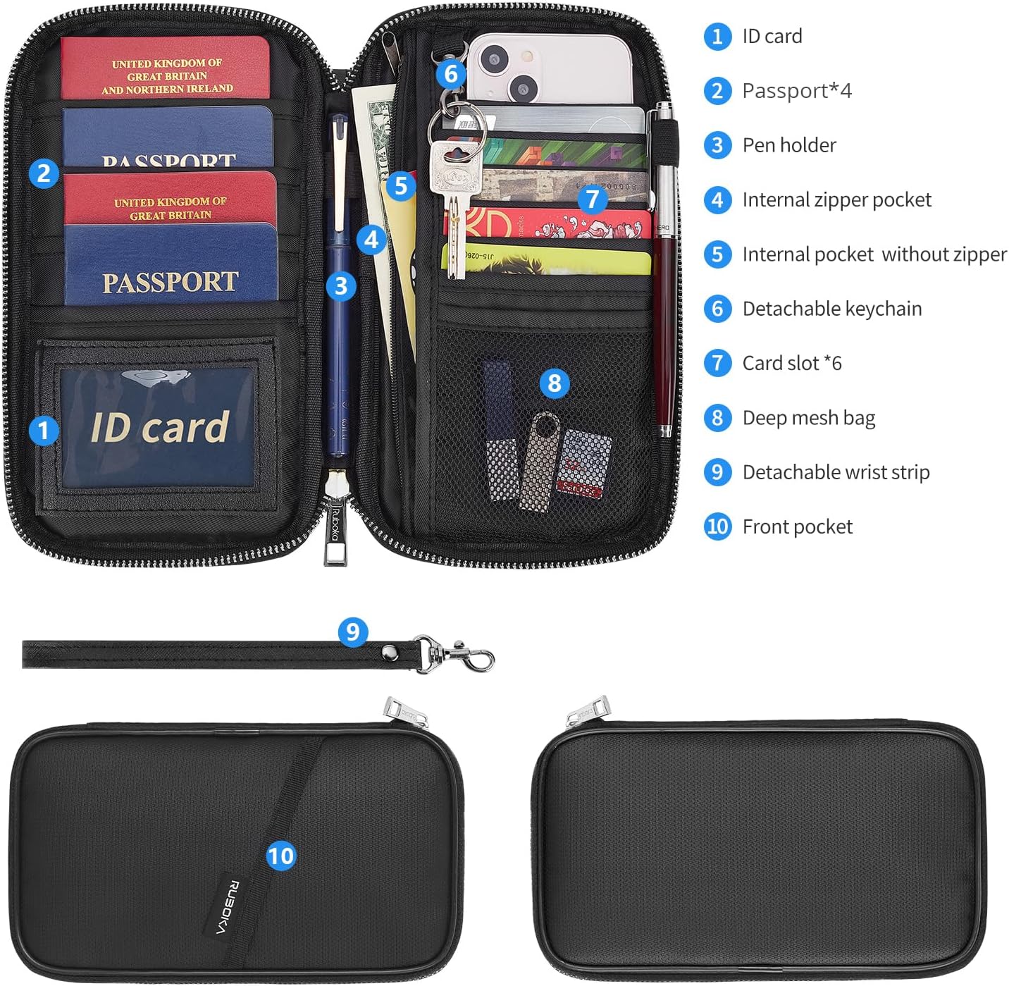 Ruboka Fireproof RFID Blocking Passport Holder Wallet (4.3inx8.6in), Family Multiple Passport Holder Cover Bag Waterproof, Travel Document Organizer Credit Card Clutch Bag for Men Women - Image 6