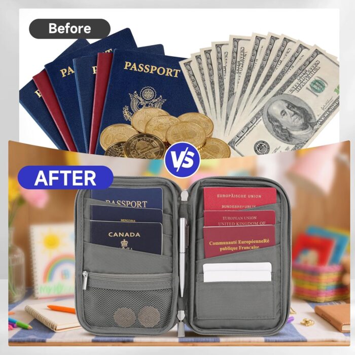 WALNEW Passport Holder for Travel Family, RFID-Blocking Travel Wallet Holder for 6 Passports, Water Resistant Bag Document Organizer for Cards, Cash, Boarding Passes, Tickets - Image 6