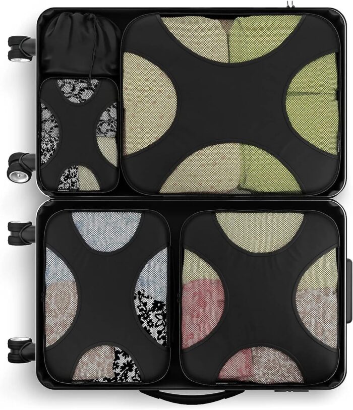 Travel Mesh Organizer 5 Piece Packing Cube for Luggage Suitcase With Laundry Bag (Black) - Image 2
