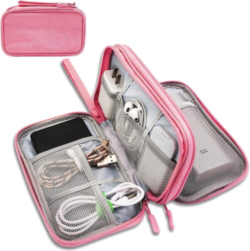 Teskyer Cable Organizer Bag, Portable Travel Cord Organizer case, All in One Waterproof Electronics Accessories Storage Bag for Cables, Chargers, Earphones, Hard Drives, 8.5 x 5 inch (Pink)