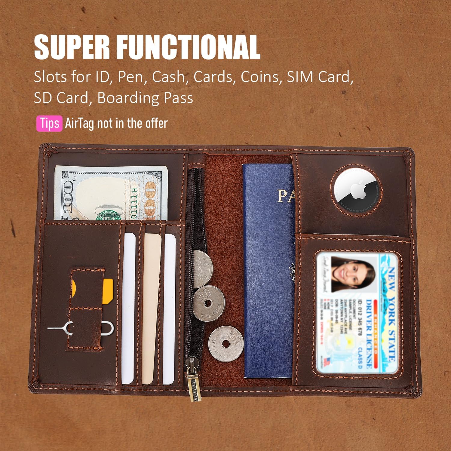 STAR VISTA Phoenix Leather Passport Holder, Full Grain Leather Travel Wallet - Slim, Bifold, RFID Blocking, ID Window, Coin Pocket, Card Slots, SIM Slots (Brown with AirTag Slot) - Image 4