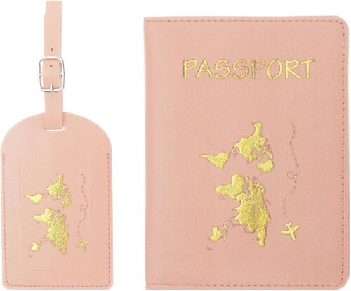 PATIKIL Passport Cover Holder and Luggage Tag Set, PU Leather Passport Case Holder Travel Tag Suitcase Identifier Travel Accessories for Men Women, Pink