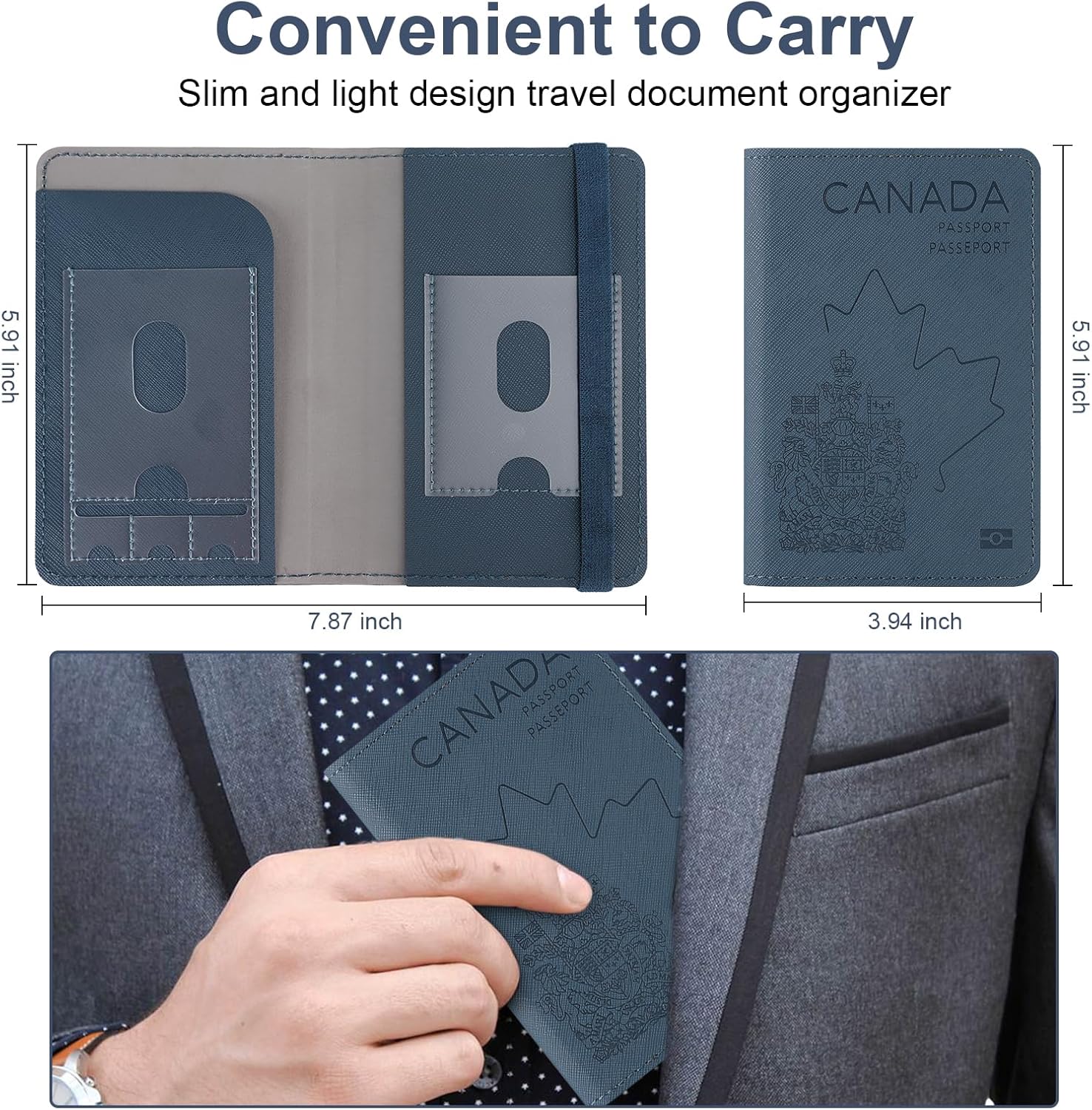 Premium Faux Leather Passport Holder RFID Blocking,3D Embossed Passport Case for Canadian and International Travel Slim Passport Cover for Men and Women Blue - Image 5