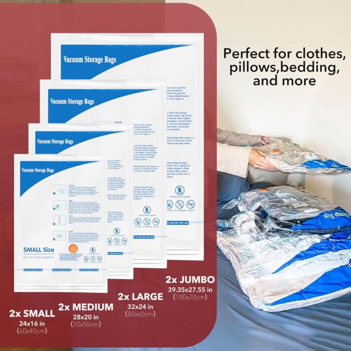 8 Pack Vacuum Storage Bags with Electric Air Pump，2 jumbo,2 large,2 midium,2 small bags,travel vacuum bags for luggage,vacuum seal bags for clothing travel - Image 2