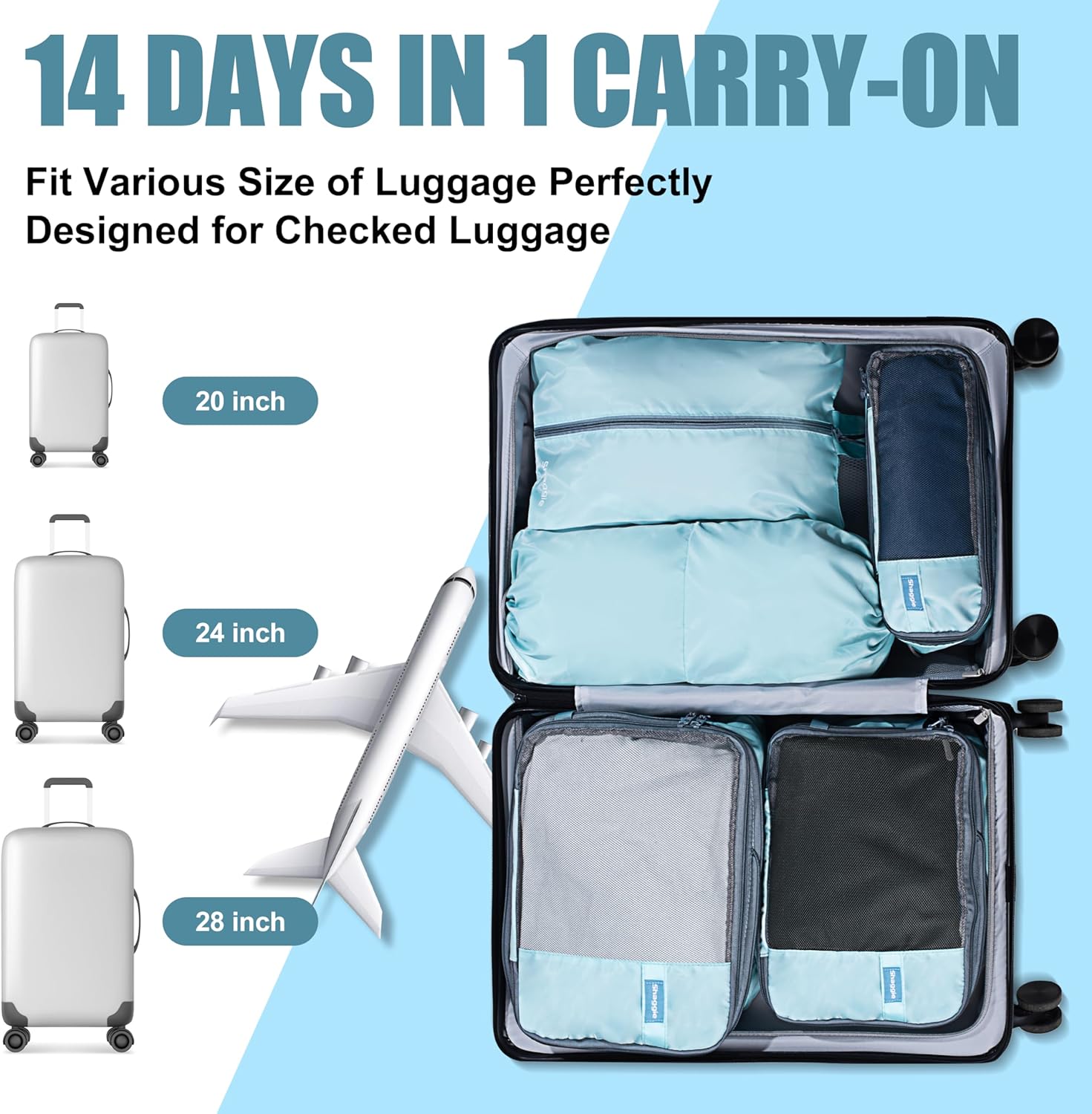 Shaggie 7-Piece Compression Packing Cubes Set – Space-Saving Travel Organizer Bags for Carry-On Suitcase & Luggage, Packing Cubes for Travel Essentials – Lake Blue - Image 5
