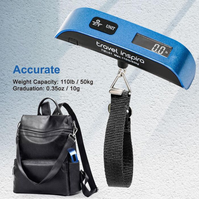 travel inspira Luggage Scale, Portable Digital Hanging Baggage Scale for Travel, Suitcase Weight Scale with Rubber Paint, 110 Pounds, Battery Included - Blue - Image 7