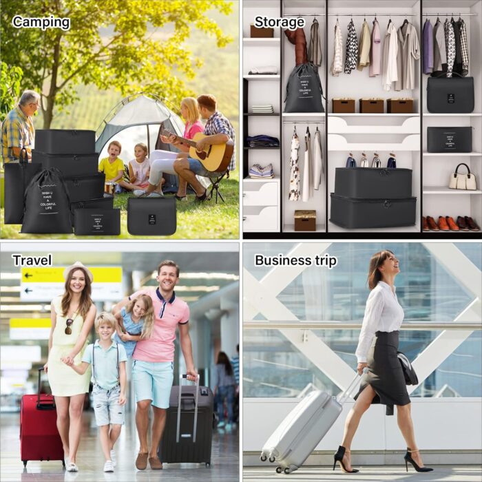 8 Set Packing Cubes Travel Organizer Waterproof Travel Cubes Set Foldable Compression Packing Cubes for Carry on Luggage Suitcase Organizer Bags with Hanging Toiletry Bag, Shoe Bag & Laundry Bag, Black - Image 6