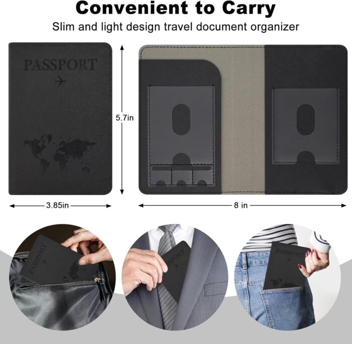 YAVIV Passport Holder for Women and Men, Premium Leather Travel Passport Wallet RFID Blocking Passport Cover, World Map-Black - Image 5