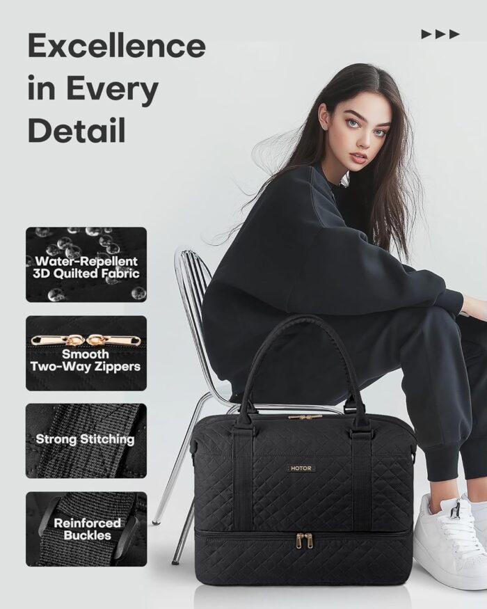 HOTOR Travel Duffel Bag - Large Weekender Bags for Women, Carry On Bag with Shoe Compartment, Overnight Bag with Toiletry Bag for Travel Essentials and Travel Accessories, Black, 34.0 x 45.0 x 20.0 cm - Image 5