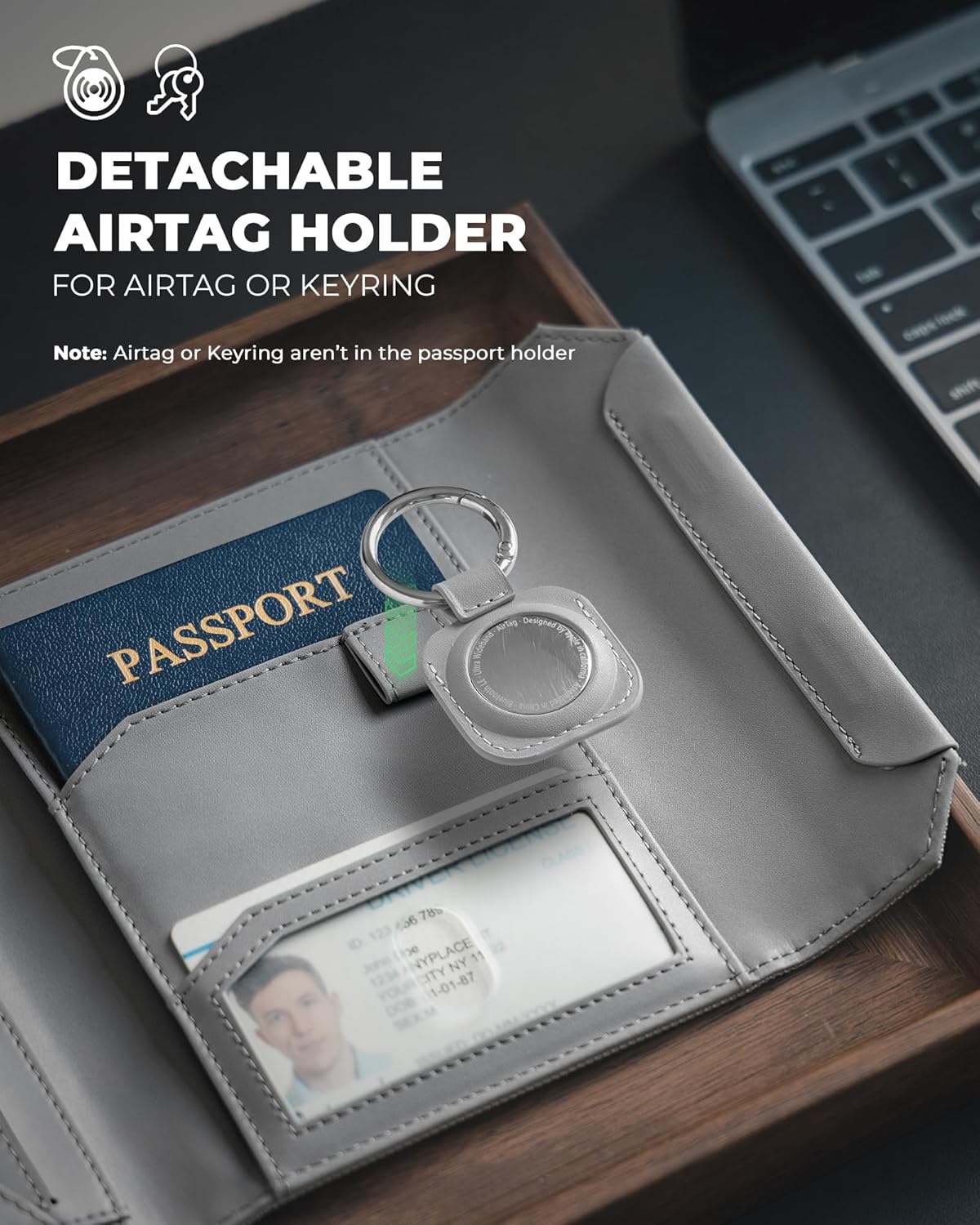 VULKIT Passport Card Holder, Vegan Leather Passport Wallet, RFID Blocking, Travel Essential, Magnetic Closure, Detachable AirTag Holder, Grey - Image 4